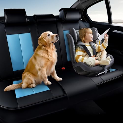 Image of Coverado Back Leather Car Seat Covers for Trucks, Rear Seat Covers for Cars, Automotive Seat Covers Back Car Seat Cover, 3-Pieces Waterproof Nappa Leather Car Seat Cushion Protector, Black&Blue