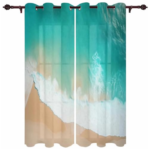 TSMMB Cortinas Salon Modernas 2 Piezas Opacas Playa,3D Cortinas Dormitorio Juvenil Chica Chico Corta,Cortinas Termicas Aislantes Frio Y Calor con Ojales,140X160Cm(Lxh),A21