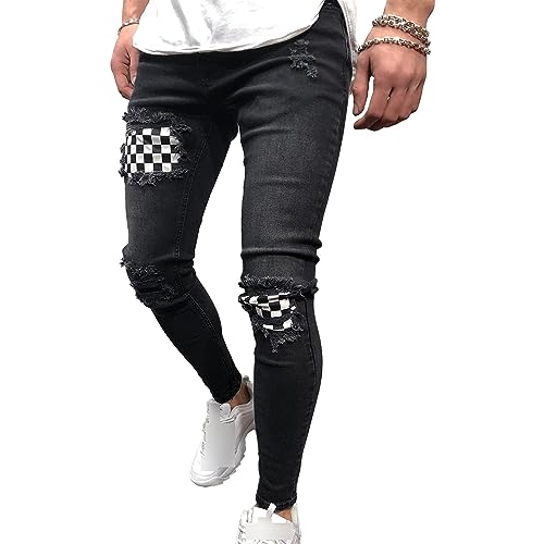 Mens Stretch Skinny Jeans Pattern Slim Fit Ripped Trouser Hip Hop Vintage Casual Fit Washed Denim Pants (Medium,Black)