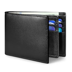 Genuine Leather Mens Wallet, Large Capacity Bifold Wallet for Men RFID Blocking with ID Window, Fits 11 Credit Card Slots (Black)