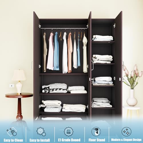Image of VIKI Wardrobe | Wooden Almirah for 3 Door Wardrobe with 1 Drawer & Hanging Space with Mirror (Dark Wenge - 40D x 120W x 180.8H) | 1 Year Warranty | Free Assembly