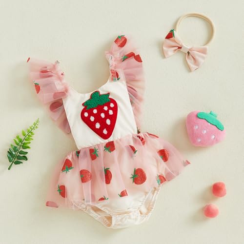 Baby Girl Strawberry Romper Dress Ruffle Sleeve Tulle Tutu Romper Bodysuit Newborn Birthday Cake Smash Outfit3