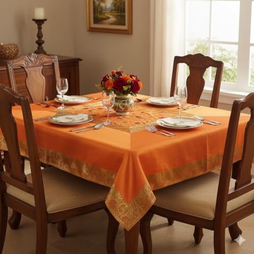 Image of New Year Room Decor Embroidery Brocade Silk Table Cover for Centre & Dinning Table and 4 & 6 Seater Dining Table /Tablecloth, (50 By 50 Inches) (Gold)