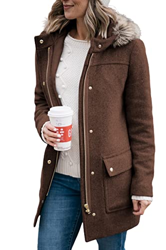 Shanfetl Womens Coats Fall Winter Warm Mid Length Pea Coats Elegant Jackets Outwear With Faux Fur Hood #TOP17