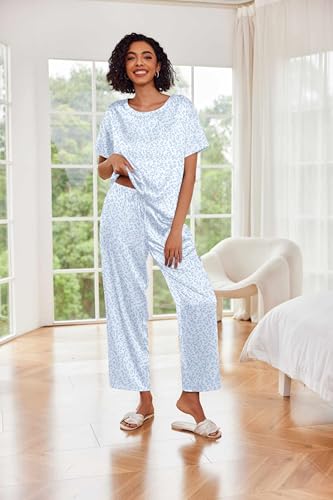 Image of Ekouaer Womens Satin Silky Pajama Set Short Sleeve Shirt with Long Pajama Pant Set Soft PJ Loungewear