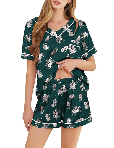 Image of Silk Pajamas for Women Short Sleeve Satin 2 Piece Pj Set Soft V Neck Sleepwear Loungewear, S-XXL