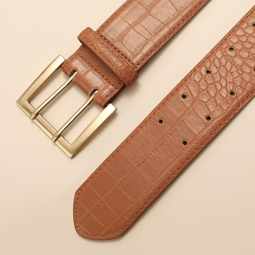 SANSTHS Women Wide Leather Belt for Dresses Jeans Fashion Gold Buckle Ladies Waist Thick Belt4