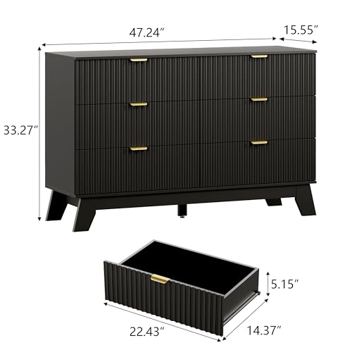 Image of Wodeer 6 Drawer Fluted Dresser for Bedroom, Mid Century Modern Dresser with 6 Drawers, Dressers & Chests of Drawers with Metal Handle, TV Stand & Storage Organizer for Entryway, Hallway, Black