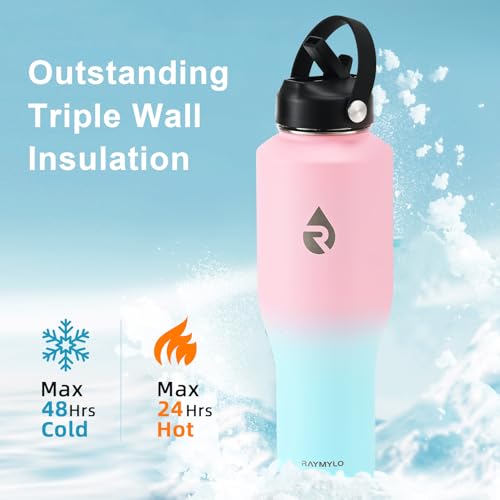 Image of RAYMYLO 40 oz Insulated Water Bottle with Straw fit in Car Cup Holder, Triple Wall Vacuum Stainless Steel(Cold 48 hrs, Hot 24 hrs), Leakproof & Non-BPA, Hydro Travel Flask with Straw and Spout Lid