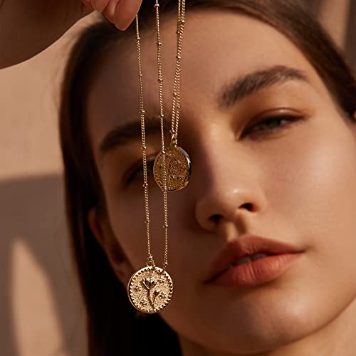 Valloey Rover Gold Layered Coin Necklace for Women Birth Flower Necklace 14K Gold Plated Dainty Carved Floral Pendant Necklace Personalized Engrave Double Layered Month Necklace for Birthday Jewelry3