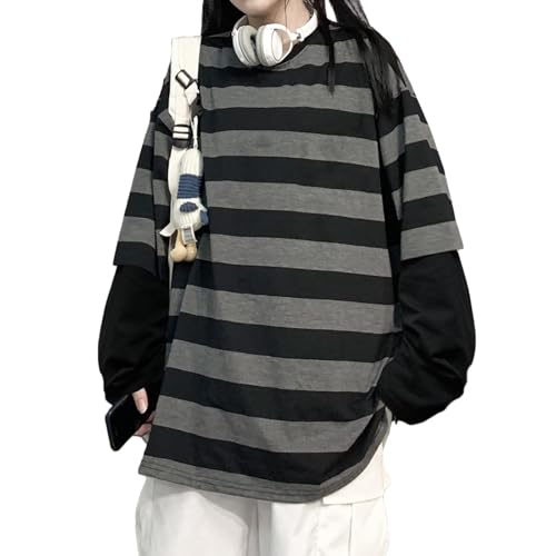 Harajuku Oversized Striped Shirt Grunge Clothes Y2K Crew Neck Baggy Shirts Emo Scene Clothes Streetwear Pullover