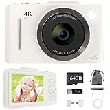 Bemkia 4K Digital Camera 48MP Compact FHD 64GB SD Card with 16X Zoom, Anti-Shake, 2.8' LCD - Portable Vlogging Camera for Kids & Beginners (White)