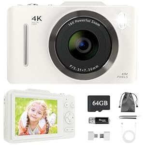 Bemkia 4K Digital Camera 48MP Compact FHD 64GB SD Card with 16X Zoom, Anti-Shake, 2.8" LCD - Portable Vlogging Camera for Kids & Beginners (White)