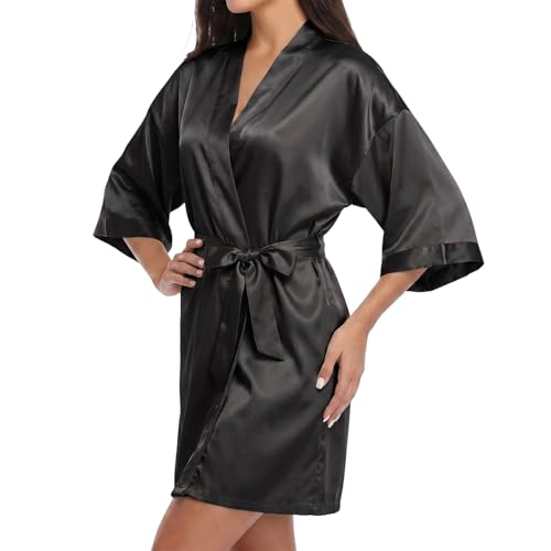 Image of Fiohiros Satin Dressing Gown Womens, Soft Silk Robe for Bride Dressing Gown, Satin Robe V-Neck Silk Dressing Gown (UK, Alpha, S, Regular, Regular, Black)