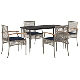 TUERYAFEK 5 Piece Patio Dining Set with Cushions Gray Poly Rattan, PE Rattan Outdoor Furniture Set with Tempered Glass Tabletop and Powder-Coated Steel Frame