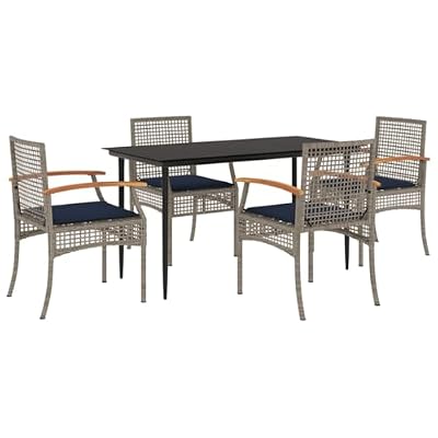TUERYAFEK 5 Piece Patio Dining Set with Cushions Gray Poly Rattan, PE Rattan Outdoor Furniture Set with Tempered Glass Tabletop and Powder-Coated Steel Frame