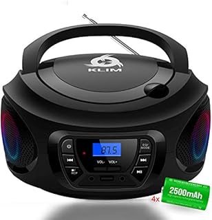 KLIM CD Boombox Portable Audio CD Player - New 2022 - FM Radio, Rechargeable Battery, Bluetooth, MP3 and AUX. Equipped with Super Bass Neodymium Speakers, Upgraded CD Laser Lens - Black