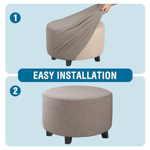 Image of H.VERSAILTEX Ottoman Cover Stretch Ottoman Slipcover Round Ottoman Storage Cover Folding Stool Covers Furniture Protector Cover for Footrest Ottoman Fit Dia 30 inch - 41 inch, Taupe