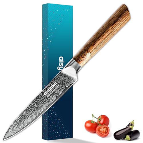 Aisyoko 5-Inch Paring Knife - Japanese VG-10 Super Steel 67-Layer Damascus Blade - Fruit Utility Knife for Carving & Peeling - Luxury Gift Box with Color Wooden Handle - Includes Scabbard