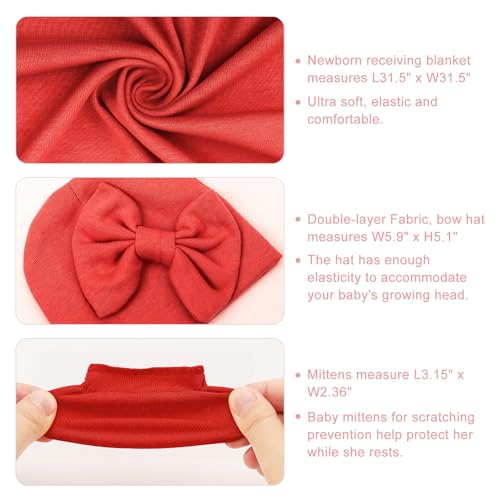 Image of AQOKKA Newborn Receiving Blanket with Bow Hat Mittens Wooden Card Set Newborns Toddler Baby Boy Girl Nursery Swaddle Wrap