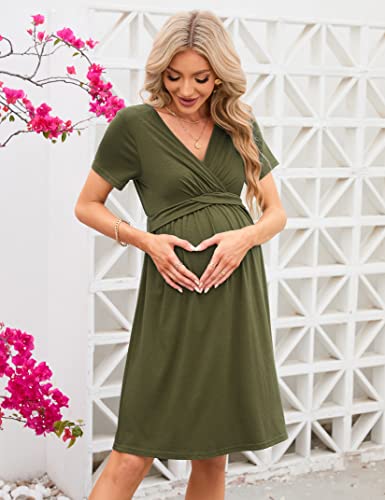 Funjuly Maternity Dress Women's Casual Ruffle Wrap V Neck Nursing Short Sleeve A Line Party Midi Dress For Baby Shower Army Green L #TOP4