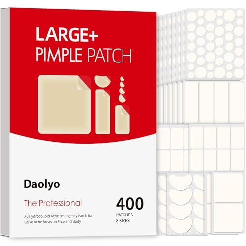 Image of Daolyo Large Pimple Patches for Face, 8 Sizes 400 Counts XL Acne Patches, Big Hydrocolloid Bandages for Body, Chin, Forehead, Chest, Back Zit Breakouts (Strip, Square, Round, Moon)