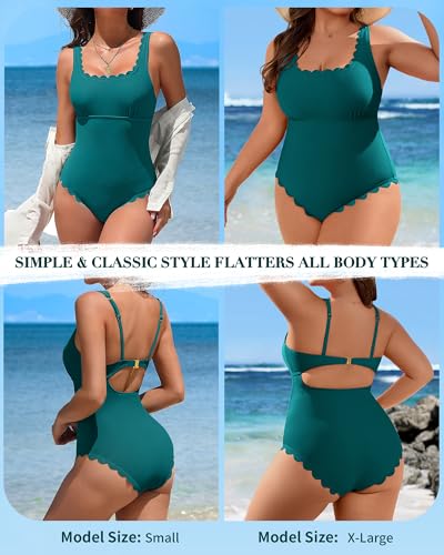 Image of Charmo Womens Scalloped One Piece Swimsuits Modest Bathing Suits | Square Neck,Ribbed,Push Up Removable Cups,Adjustable Wide Straps,Cutout Back,Beach,Pool
