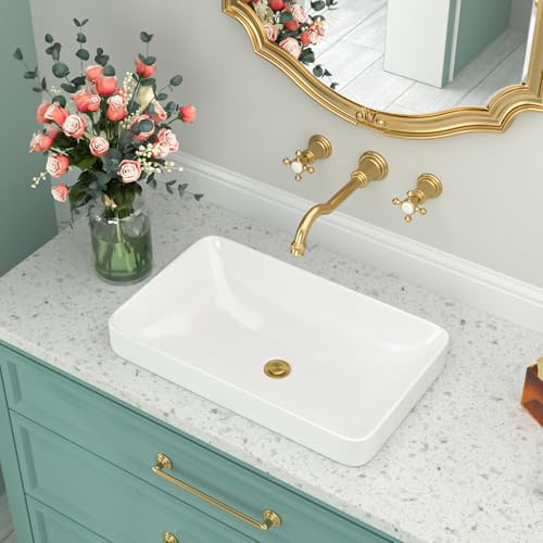 Vessel Sink-Beslend Bathroom Semi Recessed Sinks 19x12 Rectangular White Ceramic Modern Vessel Sinks...