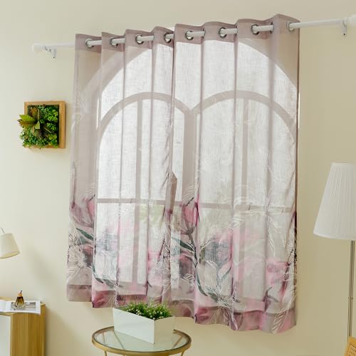 Image of Story@Home Window Curtains 5 Feet Long Set of 2 | Floral Printed | Semi Transparent Curtain | Net Curtains | Sheer Curtain for Living Room | (118 X 152 Cm, Grey & Pink) | Perfect for Home Decor