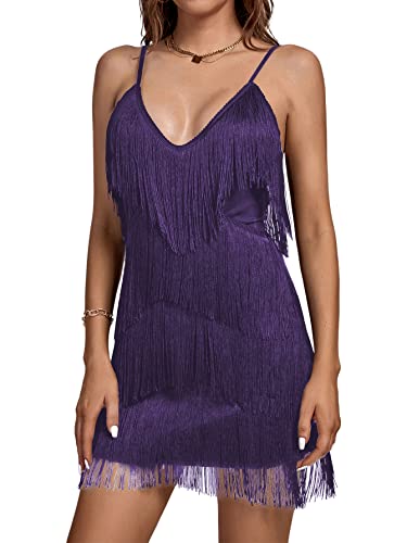 Image of Umenlele Women's Layered Fringe Deep V Neck Cami Mini Dress Sleeveless Tassels Flapper Dresses
