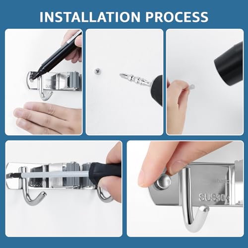 Image of Amazon Basics Broom and Mop Holder Wall Mount | Stainless Steel | 3 Racks & 4 Hooks | Tool Organiser for Kitchen, Bathroom, Garage | 3.8L x 38W x 4.6H cm