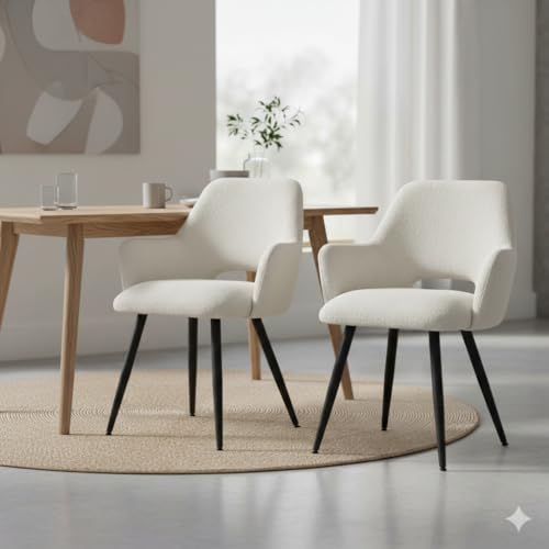 Image of Finch Fox Motel Luxurious Home Collection Upholstery Boucle Fabric Arm Dining Room Chairs in Cream Color with Black Metal Powder Coated Legs (Set of 2)