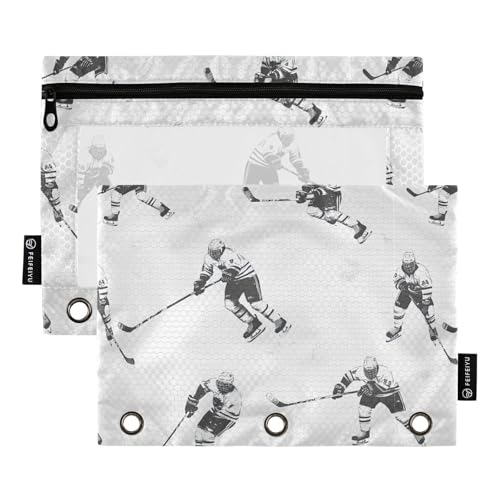Gredecor Binder Pencil Pouch 3 Ring Gray Ice Hockey Players Zipper Pencil Pouches Case 2 Pack Clear Binder Organizer for Kids School Office