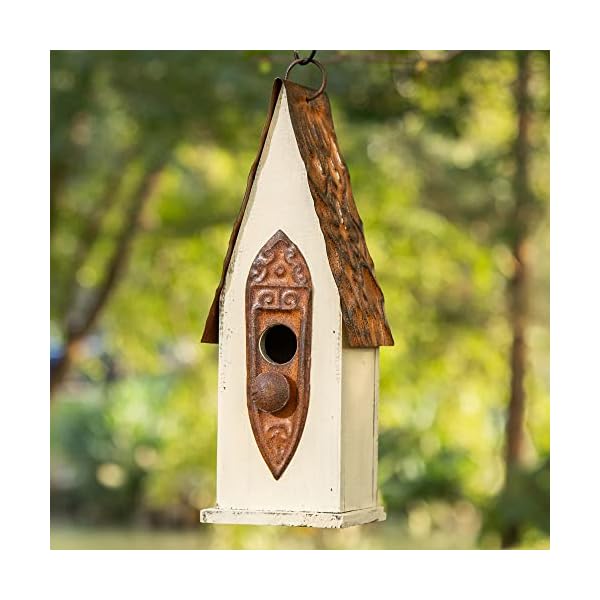 Glitzhome GH90103 Hanging Distressed Wooden Bird House Garden Decorative 13.25 Inch Tall, White