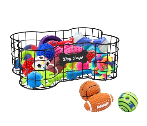 Brabtod Metal Dog Toy Organizer, Iron Wire Basket, Dog Bone Shaped Storage, Puppy Accessory Organizer - Medium, Black