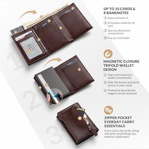 Image of VULKIT Mens Card Holder Wallet With Coin Pocket Magnetic Closure Pop Up Cards With Id Window Leather Wallet For Cash & Credit Cards, Espresso, One Size, Contemporary | with Coin Pocket