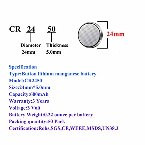 Taysing 50 Pack 3V High Capacity Lithium Button Coin Cell Batteries CR2450 ECR2450 Used in Most Electronic Devices4