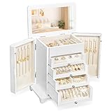 amoard Joyero grande y organizador para mujer, almacenamiento de joyas de madera con 4 cajones transparentes, sostiene collares, anillos, pulseras, aretes y relojes (blanco)