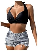 GORGLITTER Damen Push UP Bikini Top Neckholder Bikinioberteil Triangel Bikini Top mit Twist Badetop Bandeau Bikini-top Schwarz M