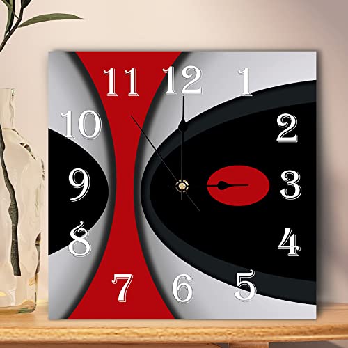 Eeiveun Red Black Grey Modern Irregular Abstract Wooden Wall Clock 12" Square Wall Clocks Battery Operated Silent Non Ticking Clock Kitchen Home Decor For Bathroom Bedrooms Office Living Laundry Room #TOP10