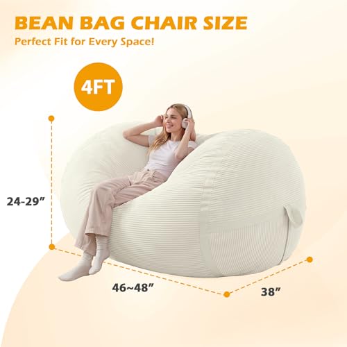 Image of 4FT Bean Bag Chair 4'Big Bean Bag Chairs with Adults, Large Beanbag Chair | Bean bag Lounger with Machine Washable Cover Corduroy Fabric, Comfy Chairs for Living Room Bedroom Dorm, Beige