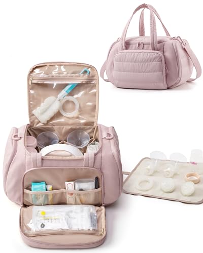 Image of Marscamd Quilted Breast Pump Bag Compatible with Spectra S1 and S2, Pumping Bag with Cooler Compartment and a Drying Mat, Pink