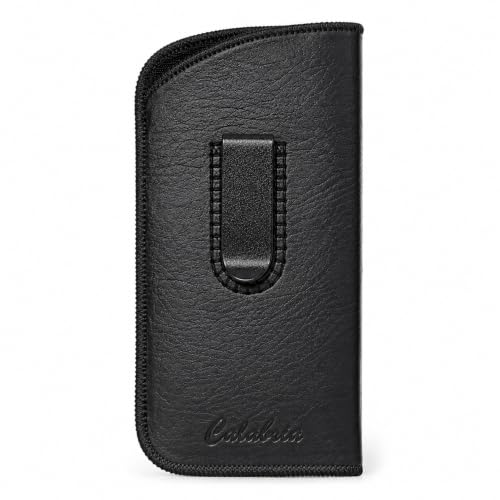 Image of Calabria Slim Faux Leather Eyeglass Case Soft Slip-In Design [Black with Clip - 1 Pack] | Compact Protective Pouch | Soft Case for Glasses | Lightweight Sunglass Storage