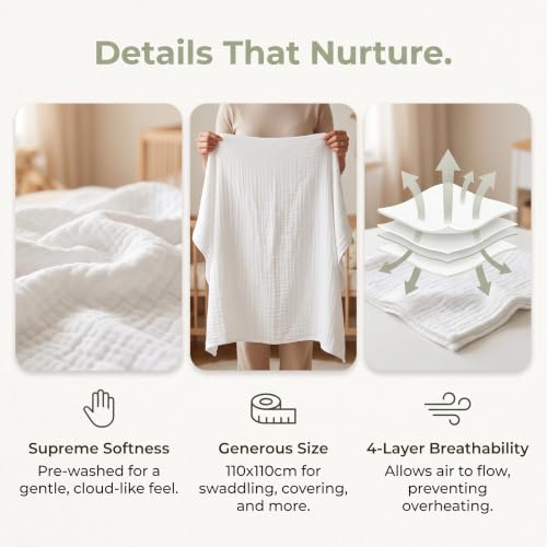 Image of Ultra Soft Cotton Muslin Baby Blanket 43x43 inches Swaddle Blankets White | Ultra Soft & Breathable, Lightweight Swaddle, For Newborns & Toddlers, Boys, 6 Layers