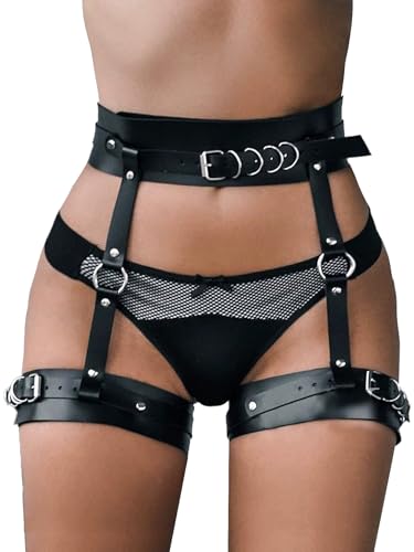 KJSUHFN Women's Garter Belts Punk Leather Adjustable Body Harness (Pure Black, One Size)