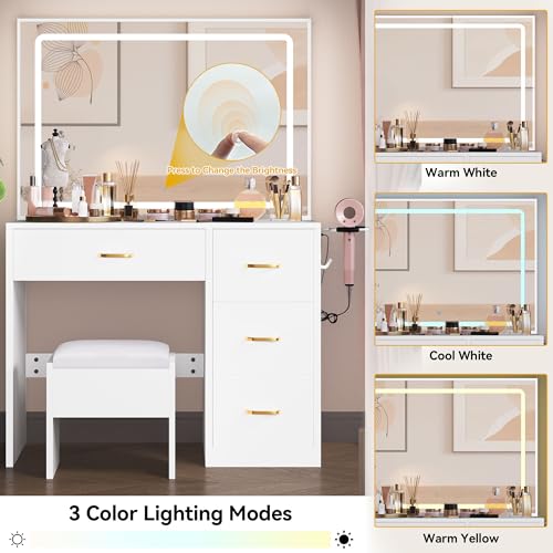 Image of DWVO Vanity Desk Set with Mirror and Lights: Makeup Table with 4 Drawers & Stool, Adjustable LED Lighting, Dressing Table White