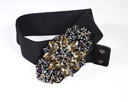 Dorchid Women Rhinstone Belt Full Crystal Buckle Cummerbund Wide Elastic Waistband 7 Colors Champagne #TOP5