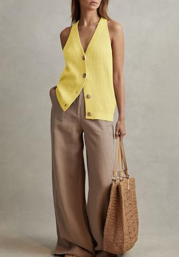 Image of Womens Button-Front Sweater Vest Top V Neck Sleeveless Knit Tank Fitted Halter Raceback Cardigan Vest