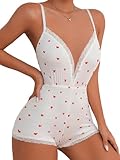 RoseSeek Women's Sexy Heart Print V Neck Shorts Sleeveless One Piece Pajama Romper Onesie Bodycon Cami Sleepwear Overal White X-Large