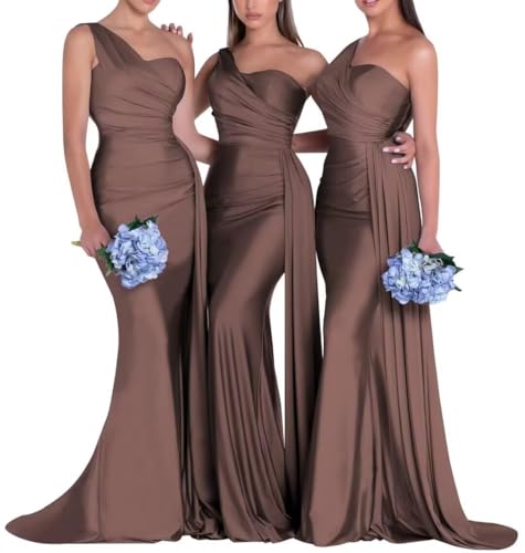 Image of One Shoulder Bridesmaid Dresses for Wedding Long Satin Bodycon Prom Dress Mermaid Formal Evening Gowns